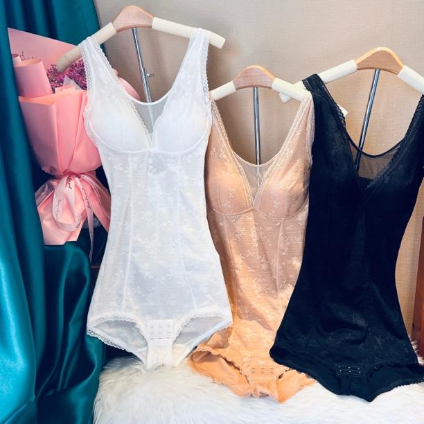 夏季白色薄款蕾丝连体衣强压收腹提臀束腰美体带文胸