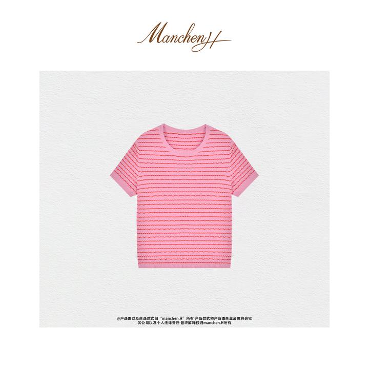 曼辰manchenh"菱华织梦"重磅100羊绒订染彩色条纹针织上衣