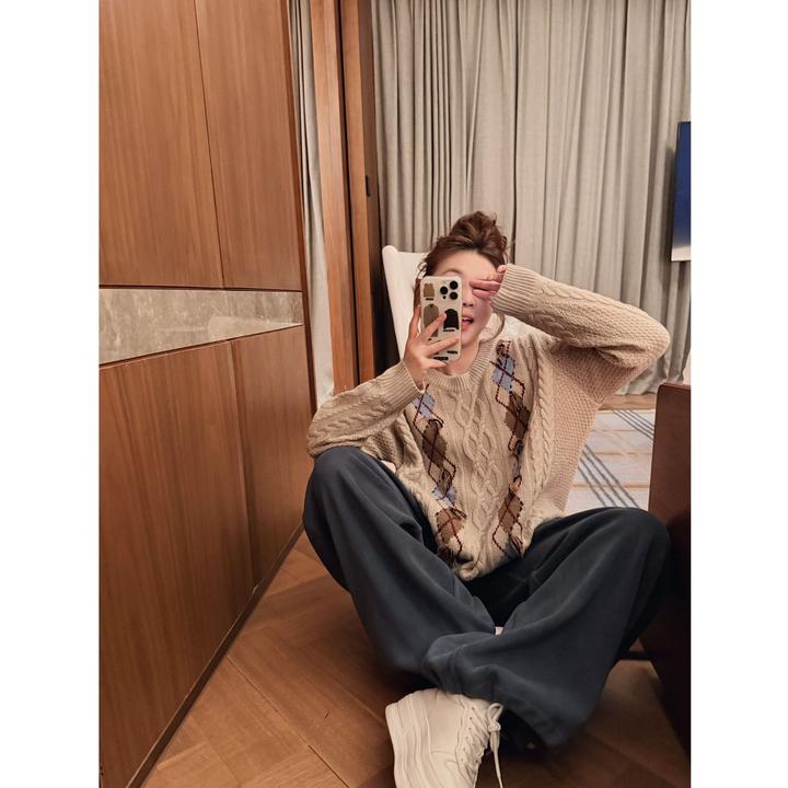 晶咕【格兰芬多】复古重工撞色菱格圆领套头毛衣秋冬百搭