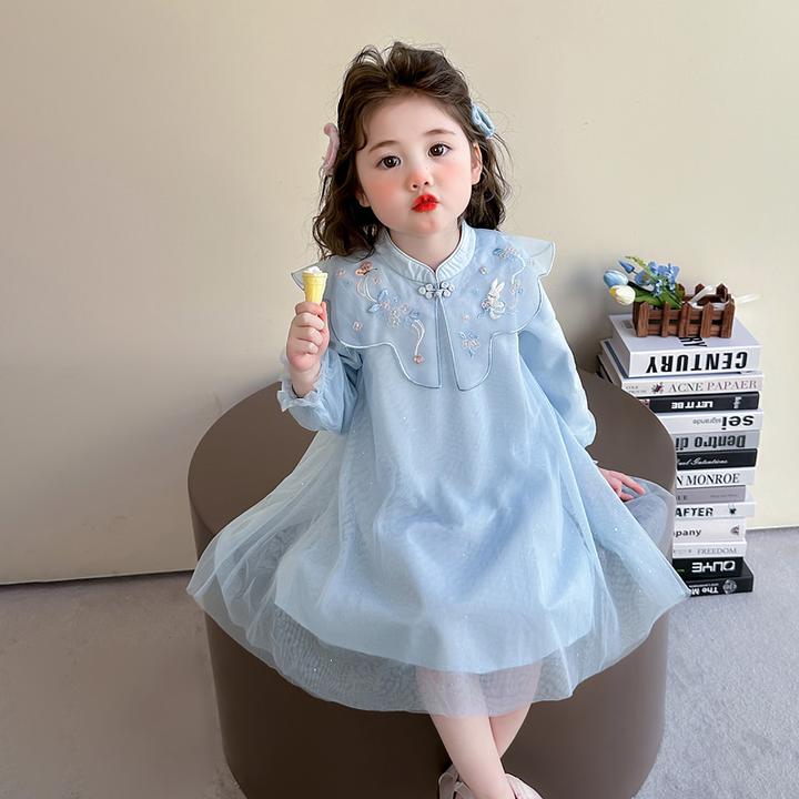 女童古风刺绣连衣裙2025新款春季女孩中国风长袖公主裙女宝宝春装