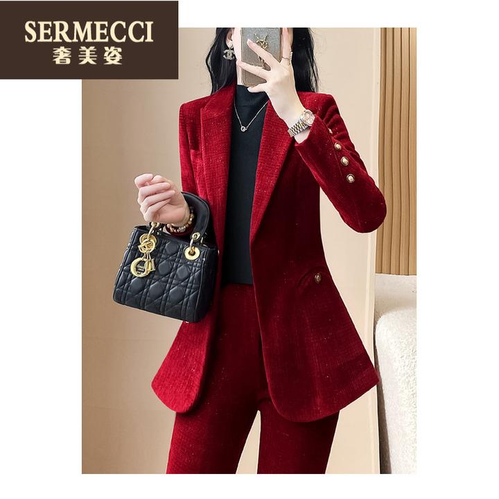 奢美姿时尚套装女红色设计感西装两件套高级感巨好看的秋冬