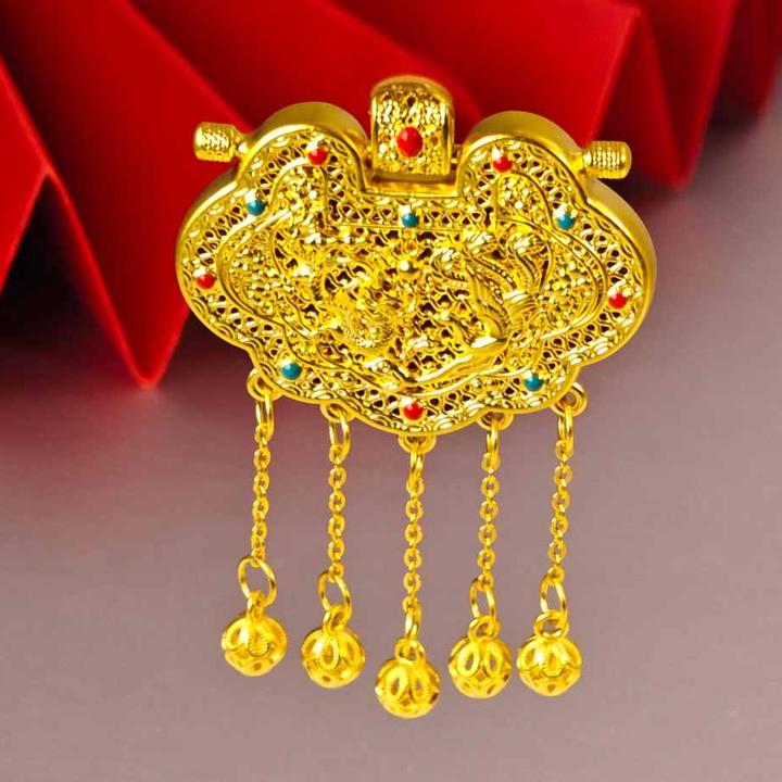 姐妹黄金  足金999珐琅彩天子门生花丝镶嵌龙凤流苏锁吊坠
