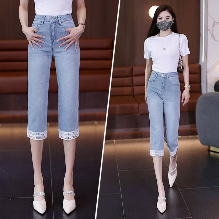 时尚七分牛仔裤女夏季薄款新款修身显瘦小个子窄版直筒烟管休闲裤