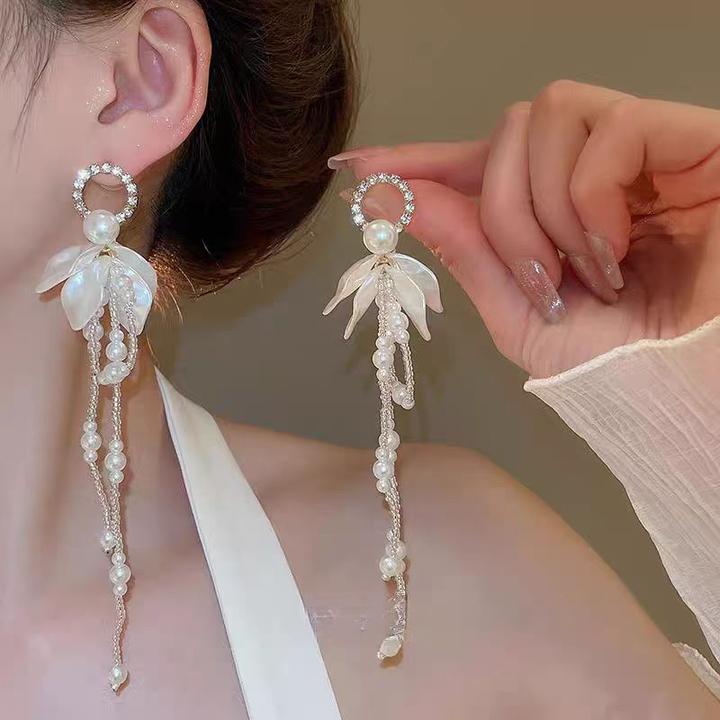 银针镶钻花朵流苏珠珠耳环法式轻奢气质耳钉高级感耳饰设计感小众