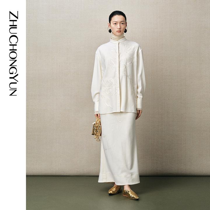 ZHUCHONGYUN2025冬新款立领提花优雅衬衫外套C1FZ41189