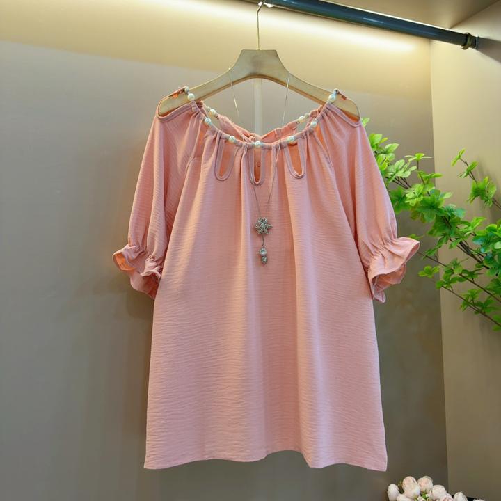 2025年夏季新款设计感百搭气质洋气镂空珍珠宽松上衣（长66左右）