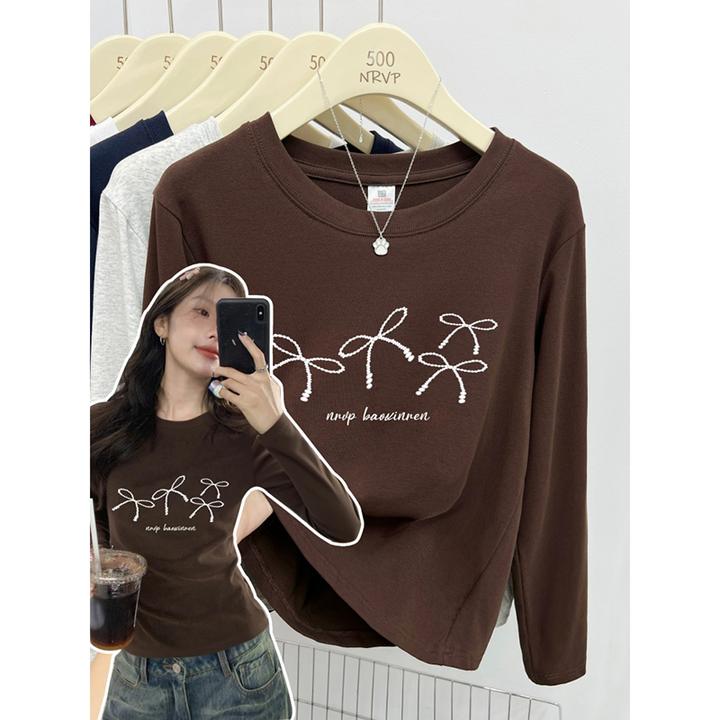 简约纯欲风蝴蝶结正肩长袖t恤女修身高弹力休闲百搭大码女装上衣