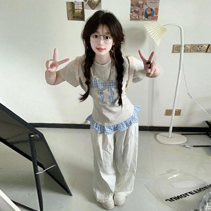 小个子穿搭蝴蝶结刺绣短袖T恤女修身显瘦假两件格纹裙摆拼接上衣