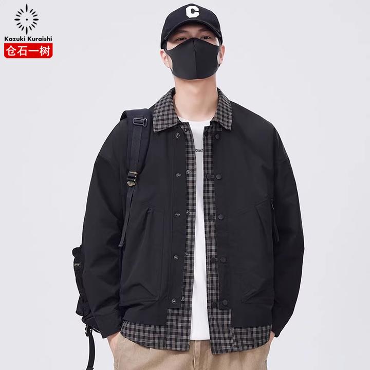 仓石一树潮流假两件格子外套男士秋冬季新款宽松休闲百搭工装夹克