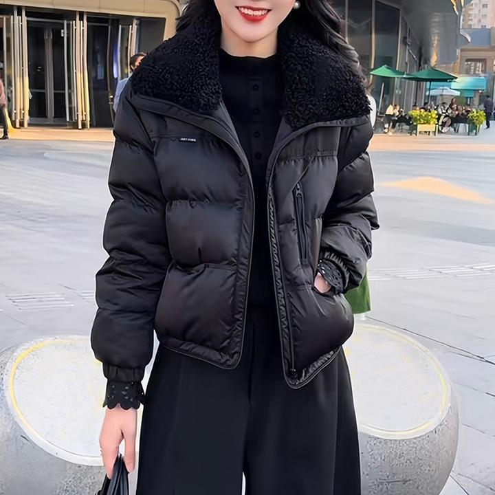 棉服外套女2025冬季新款休闲时尚纯色毛领洋气加厚加绒保暖上衣潮