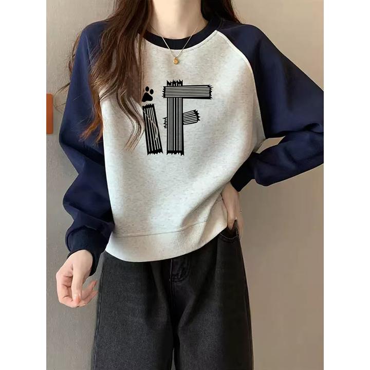 撞色卫衣女圆领宽松爆款加绒加厚藏蓝色拼接插肩袖秋冬季上衣外套