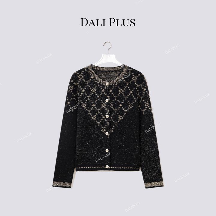 DALI PLUS“100羊毛碎金菱形纹毛衣”高级小香风针织开衫-D5CH5445