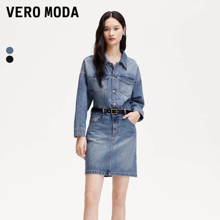Vero Moda连衣裙2025秋翻领落肩水洗牛仔中长裙老钱风松弛感女装