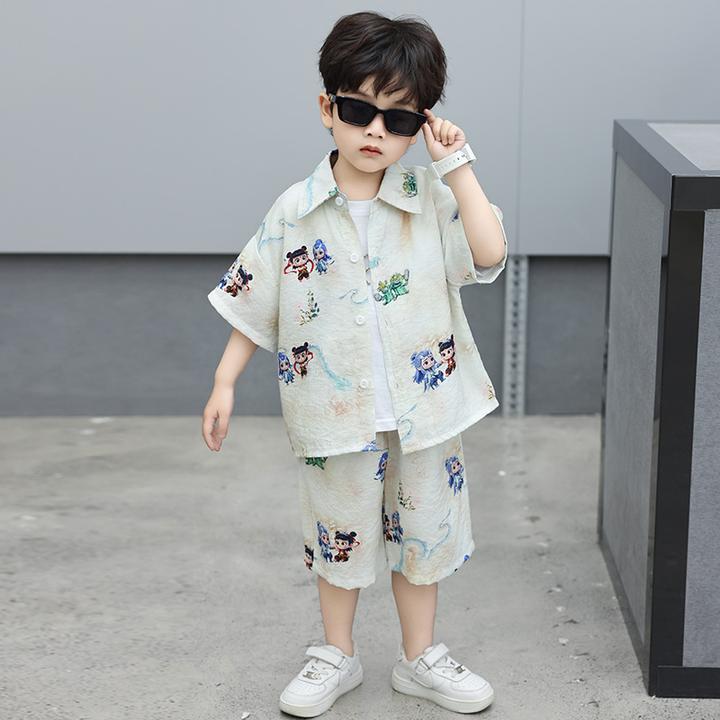 男童夏装套装2025新款儿童卡通哪吒衬衫夏季小男孩短袖运动两件套