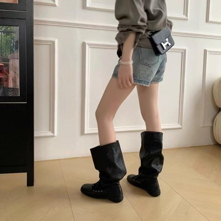 芭蕾风百搭高筒长靴2025秋季新款复古厚底褶皱堆堆时装靴女