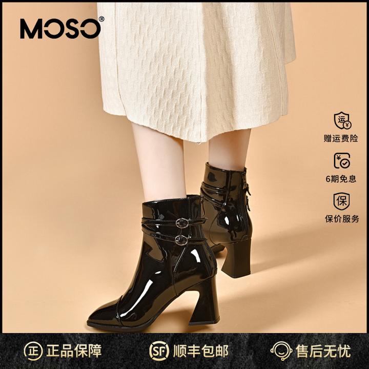 MOSO高跟女靴秋冬鞋子女ins潮牌百搭欧美风方头马蹄跟时装靴洋气