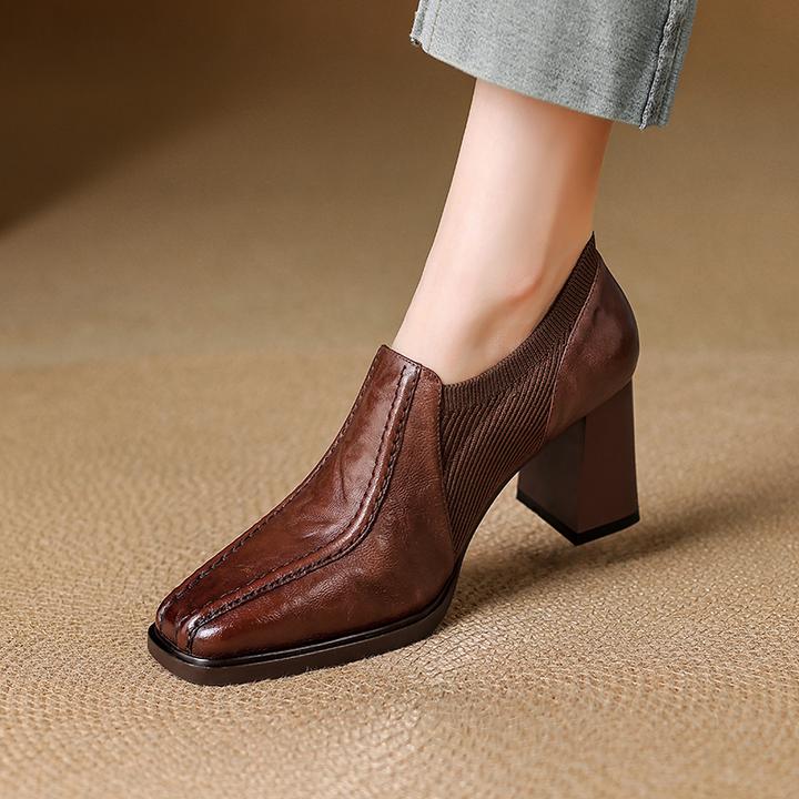 7.5cm复古质感小皮鞋棕色粗跟方头单鞋气质法式方跟高跟鞋上班鞋