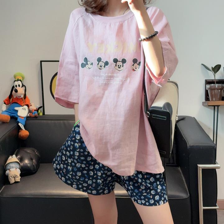 2025新款超洋气浅粉色亚麻圆领米奇头五分袖T恤女宽松显瘦减龄