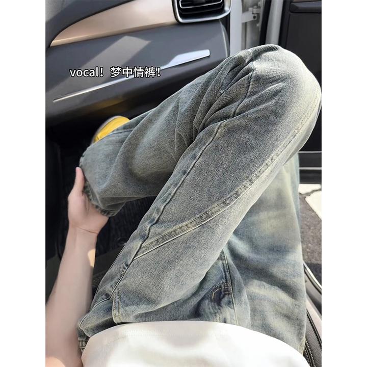 美式斜切牛仔裤男款潮流高街直筒窄版复古蓝色cleanfit微喇长裤子