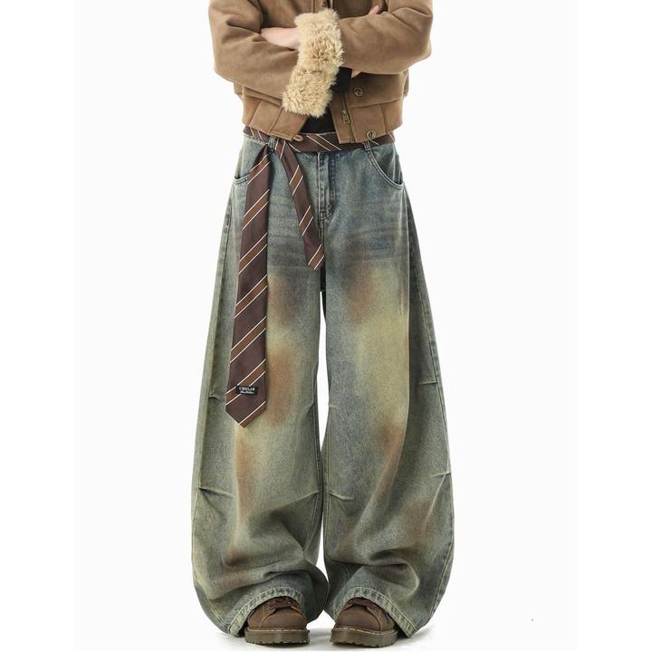 高街水洗做旧牛仔裤男春季美式设计感阔腿裤子复古褶皱百搭休闲裤