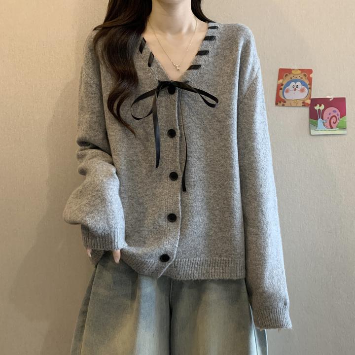 秋冬2025新款高级系带V领长袖毛衣外套大码女装胖mm宽松针织上衣