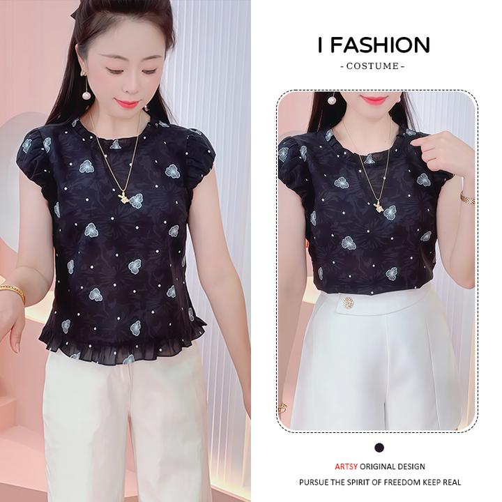 时尚减龄木耳花边短袖衬衫女2025年夏季潮流背后扣子洋气遮肉上衣