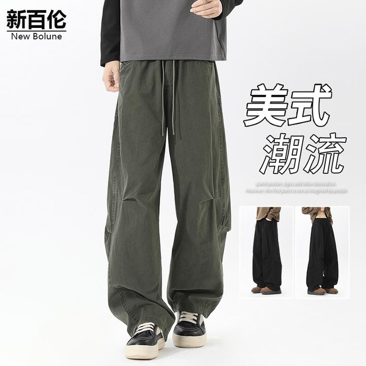新百伦/NEW BOLUNE百搭工装休闲裤男秋冬新款抽绳直筒宽松阔腿裤