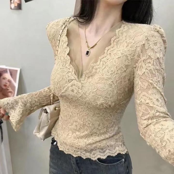 网红推荐秋冬新款性感V领蕾丝加绒加厚打底衫女内搭气质上衣2916
