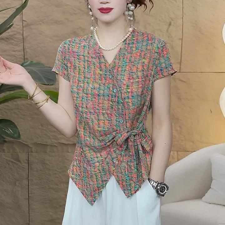 夏季新款休闲时尚洋气系带V领短袖设计感气质显瘦撞色减龄女上衣