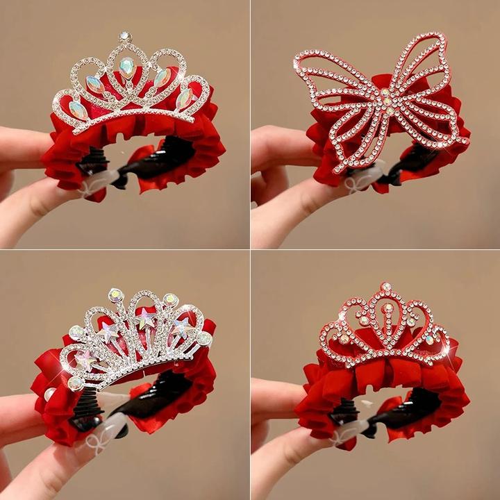 女童皇冠头饰儿童新年发饰珍珠丸子头马尾扣公主过年红色盘发头饰