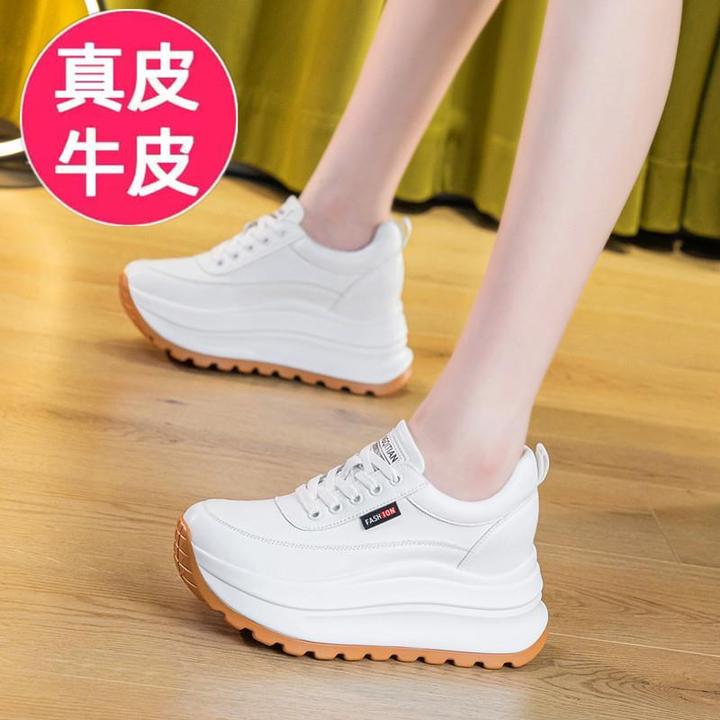 头层牛皮内增高小白鞋女2025秋新款爆款小个子8cm厚底休闲运动鞋.