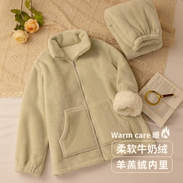 【双层加厚】睡衣秋冬男款拉链珊瑚绒加绒可外穿情侣家居服女套装