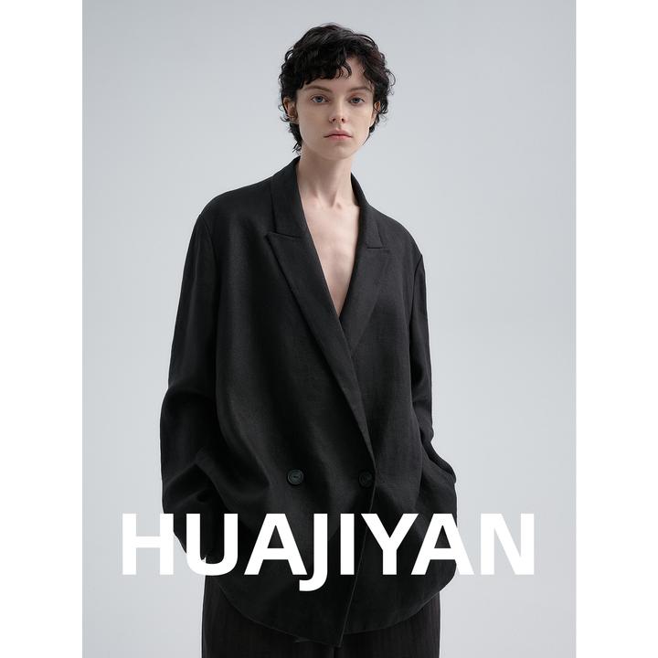 华吉言/HUAJIYAN【都市】100亚麻二粒扣经典宽松直身西装外套
