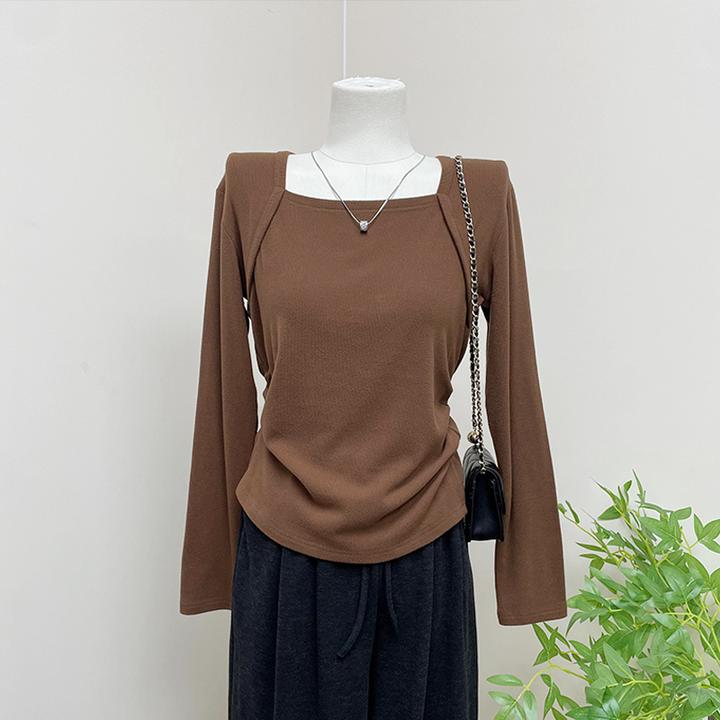 大码200斤小众韩版坎肩设计感收腰遮肉正肩长袖t恤女气质百搭上衣