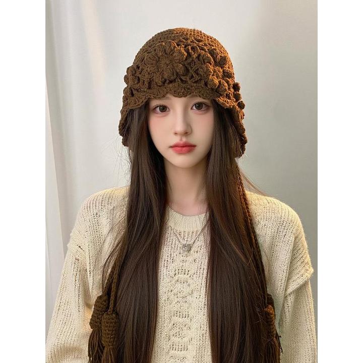 手工钩织花朵流苏毛线帽女秋冬川西旅游百搭时尚显脸小针织包头帽