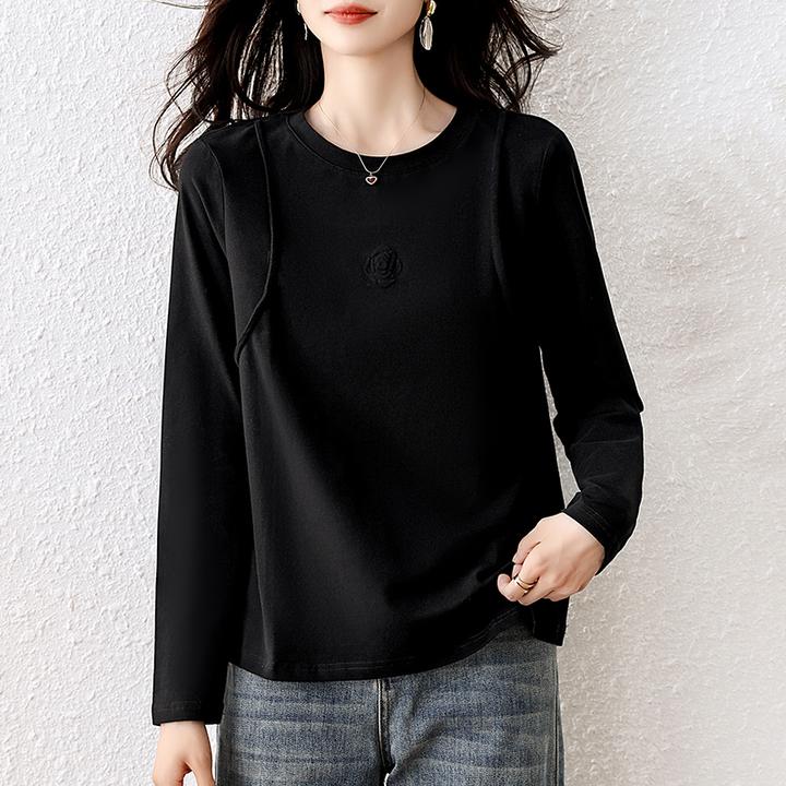 【女神新衣】玫瑰压花长袖T恤2025秋季新款减龄显瘦圆领上衣打底衫