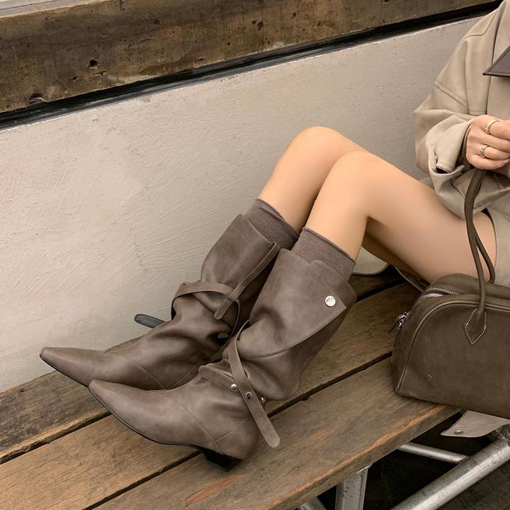 2025年新款洋气设计长筒围骑士靴女皮带扣小方头粗跟靴子女长筒靴