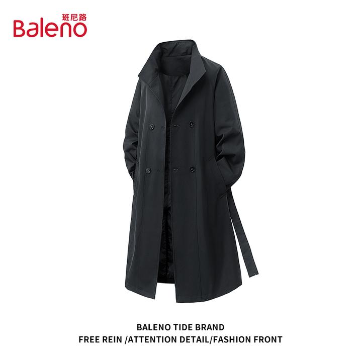 班尼路中长款风衣男士秋冬季加绒新款美式拼接双排扣大衣宽松外套