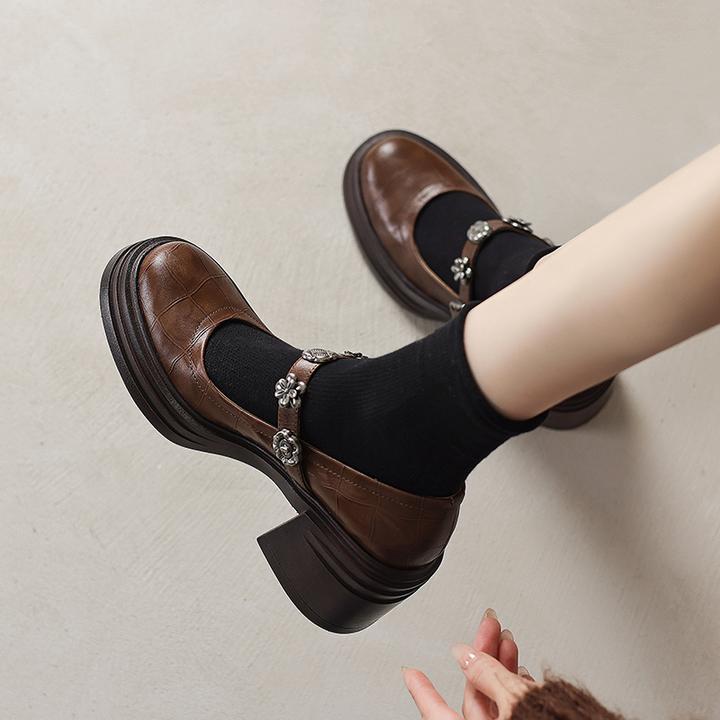 6.5CM，牛皮粗跟高跟鞋英伦风玛丽珍鞋秋季圆头乐棕色粗跟英伦乐福