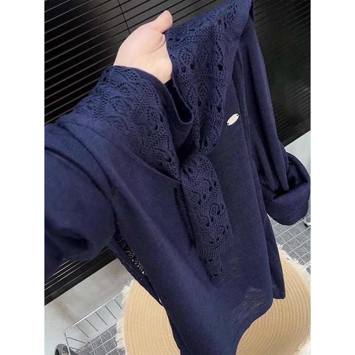 质感蓝色披肩针织衫假两件时尚叠穿设计感圆领长袖上衣女早秋2025