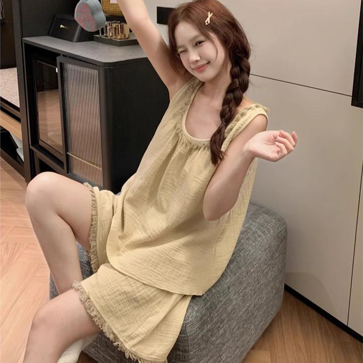 睡衣吊带女款夏季爆款短裤简约流苏女士背心家居服薄款套装可外穿