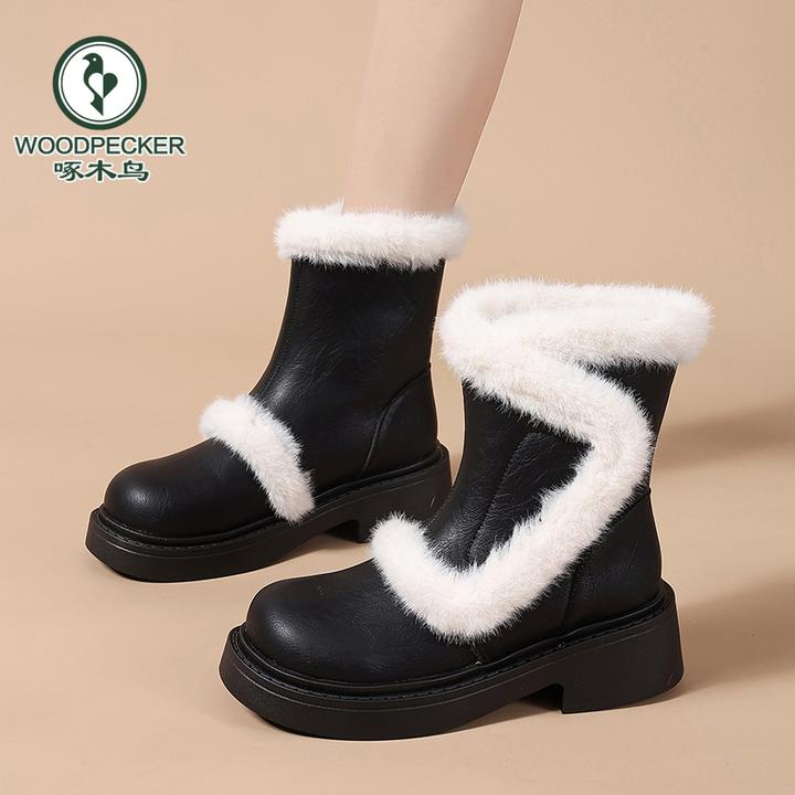 啄木鸟厚底马丁靴女2024秋冬新款复古加绒加厚雪地靴东北保暖棉鞋