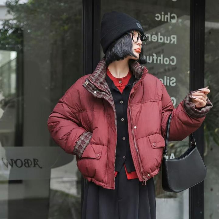 韩熙蓓2025冬季鸭绒韩版立领时尚百搭格子加厚短款羽绒服女外套