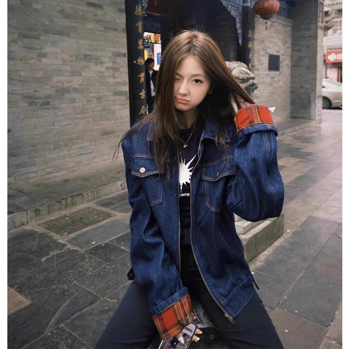 时尚复古风格纹拼接长袖牛仔外套女嘻哈街头甜酷拉链机车宽松夹克