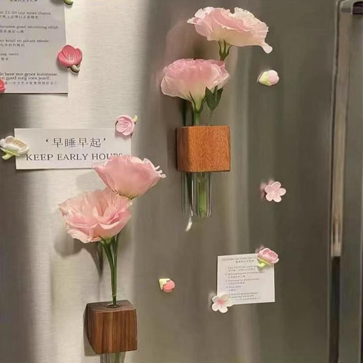 2025实木插花器磁吸立体冰箱贴新款创意车载装饰磁贴花瓶高级感