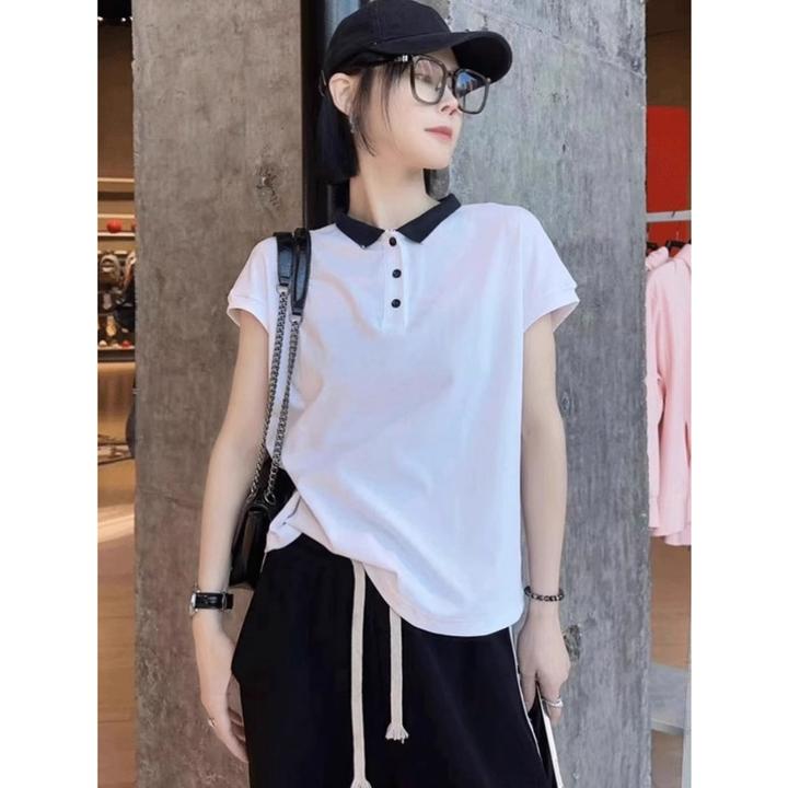 Polo领正肩短袖T恤女2025夏季新款欧洲站时尚设计感翻领体恤上衣