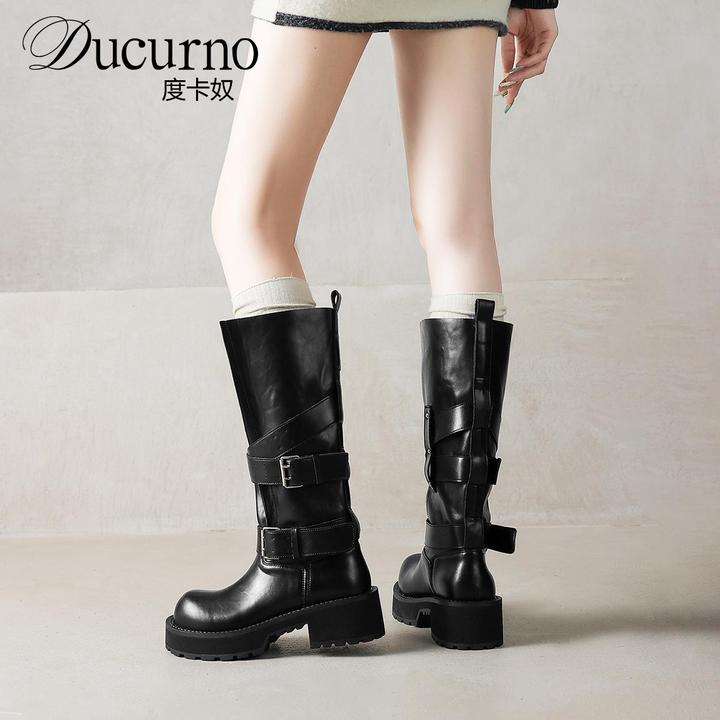 DUCURNO英伦风真皮厚底机车靴女皮带扣高筒骑士靴潮酷不过膝长靴