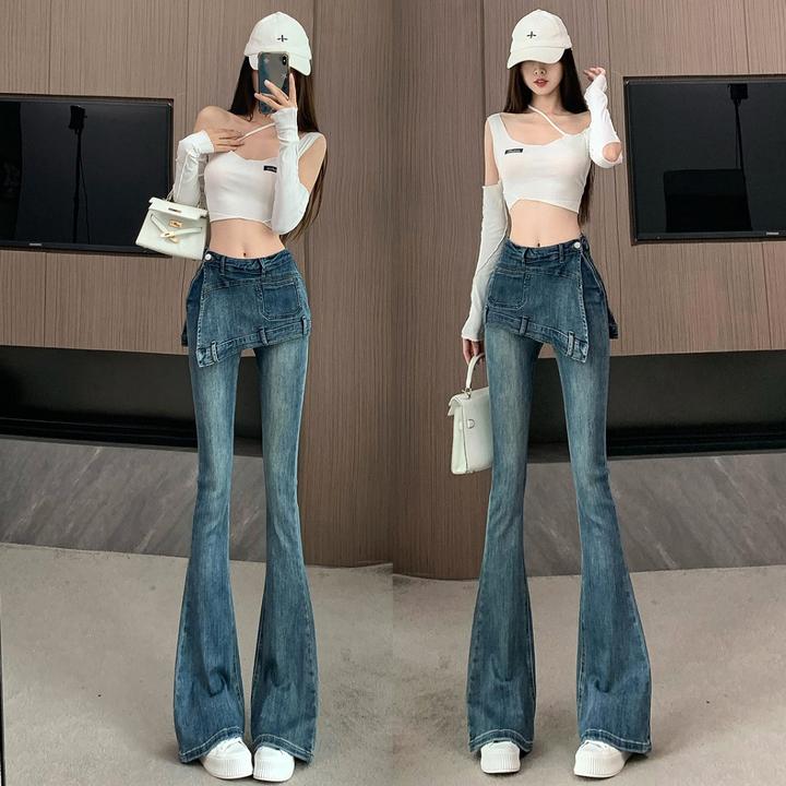 高腰修身显瘦拖地裤2025春秋复古蓝美式辣妹假两件微喇叭牛仔裤裙