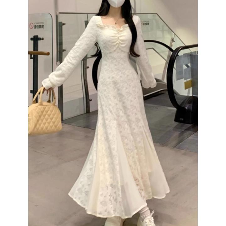赫本风方领蕾丝拼接鱼尾连衣裙秋冬大码打底内搭加绒加厚白色长裙