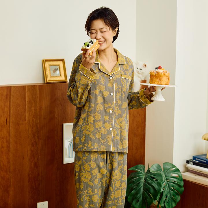 有斐/Youfeel 双层纱色织雪绒花家居服女款秋冬睡衣简约纯棉